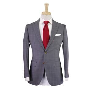 Paul Stuart Gray w/ Sky Blue Windowpane 2-Btn Slim Fit Wool Silk Suit 36S